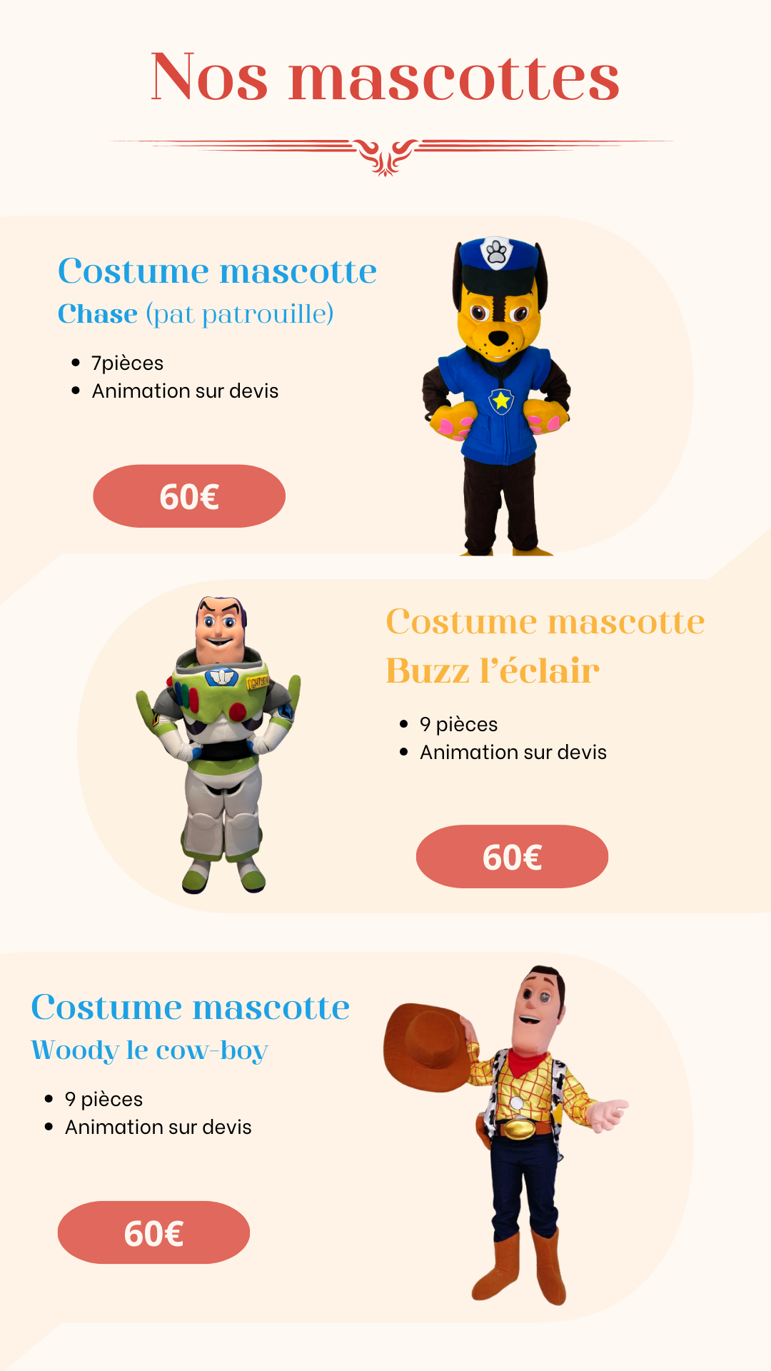 Catalogue des mascottes à louer kidazur costume mascotte Mickey mascotte Minnie mascotte buzz l'éclair et wody le cow boy en location pour anniversaire et événements dans la cote d'azur