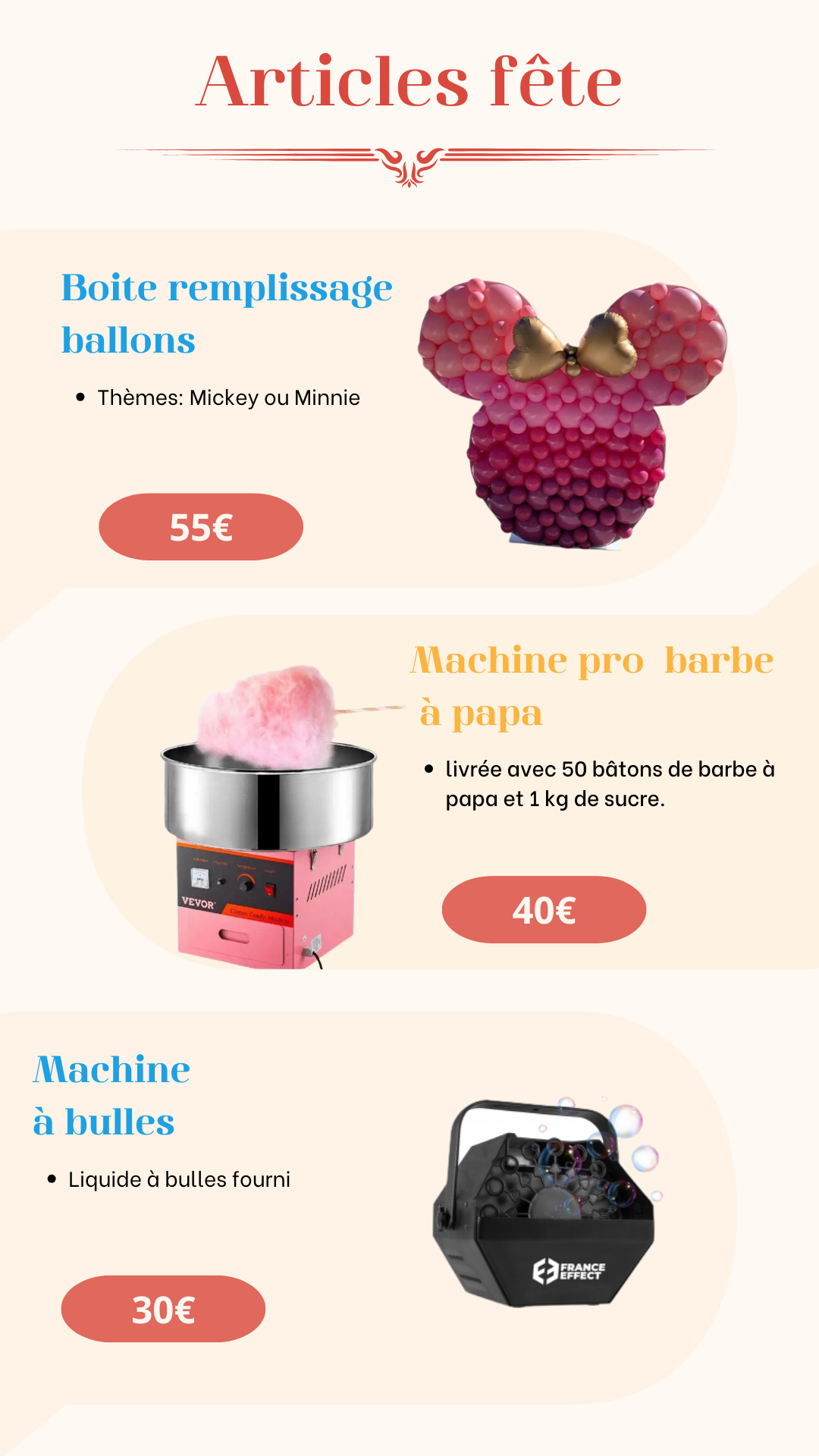 Articles de fete en location ,machine barbe à papa machine à bulles décoration anniversaire