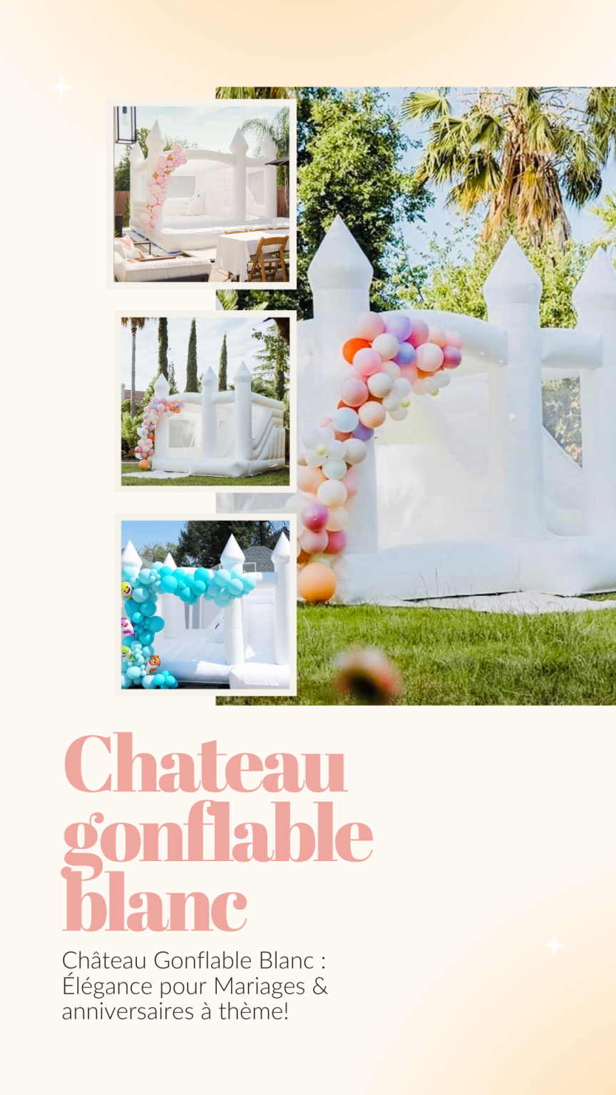 Château gonflable blanc pour mariages et anniversaires à thèmes différents : ajoutez une touche d'élégance et de divertissement à vos événements spéciaux ! Réservez dès maintenant pour des souvenirs inoubliables.