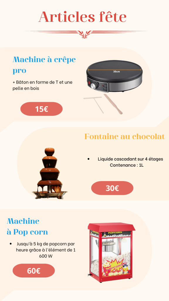 Location de machines gourmandes pour fêtes - machine à crêpes, fontaine au chocolat et machine à pop-corn