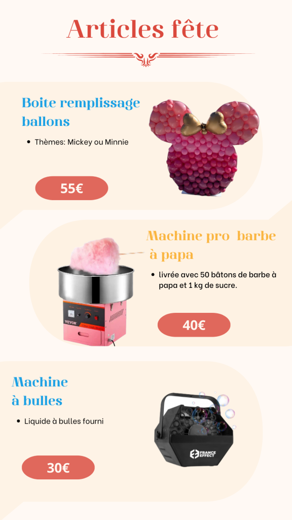 Location de machine à barbe à papa, machine à bulles et éléments de décoration pour fêtes