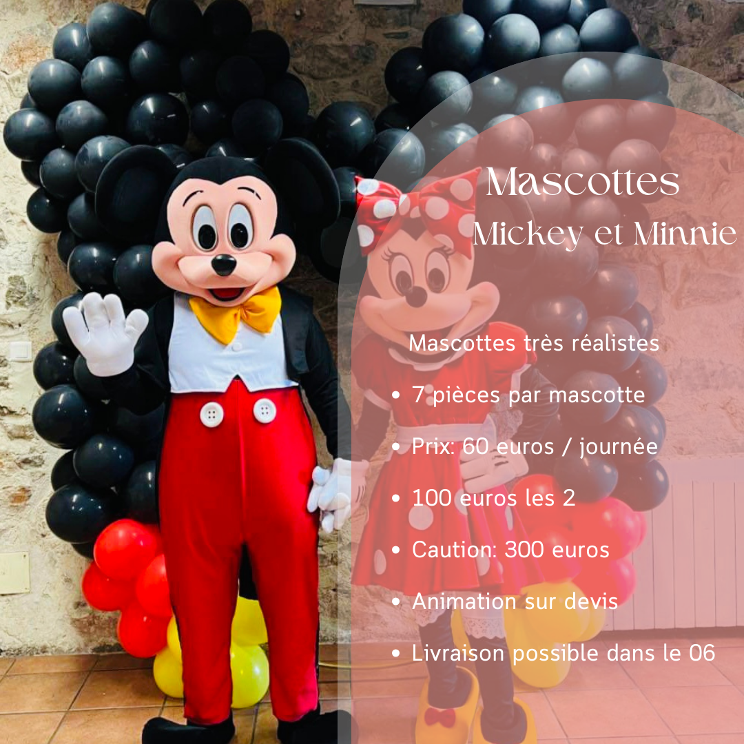 Enfants s'amusant avec les mascottes Mickey et Minnie, dans un anniversiare disponibles à la location chez Kidazur pour des fêtes enchantées.