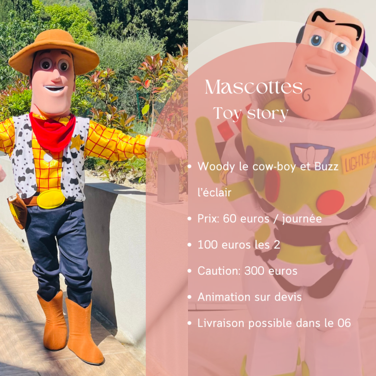 Enfants interagissant avec les mascottes Buzz l'Éclair et Woody de Toy Story, disponibles à la location chez Kidazur pour des fêtes mémorables.