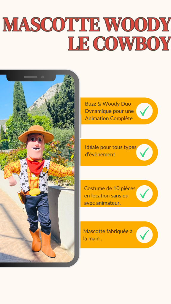Infographie présentant les avantages de la location de la mascotte Woody le Cowboy