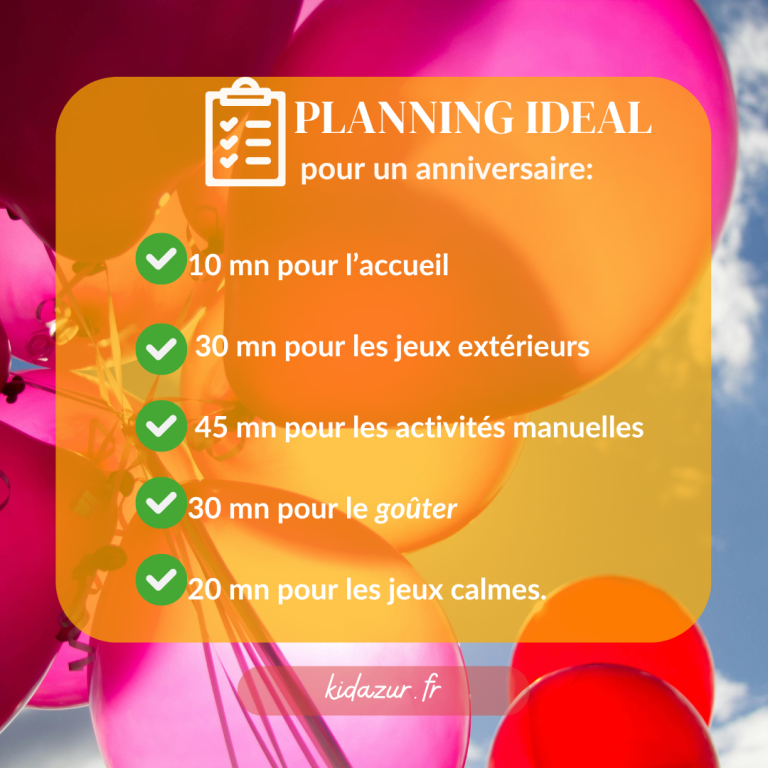 Planning idéal pour organiser un anniversaire d'enfant, avec horaires et activités détaillées