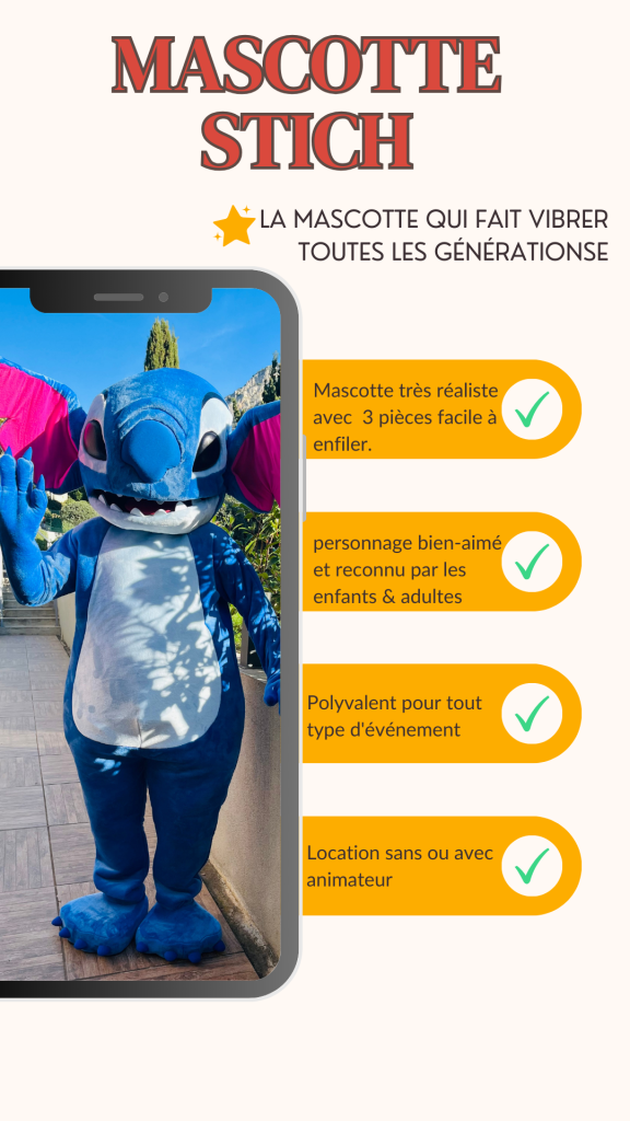 Location costume mascotte stich dans le 06 et Monaco