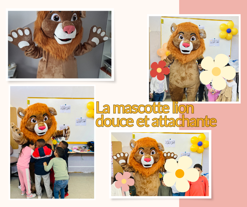plusieurs images location ,mascotte lion pendant des fêtes avec des enfants