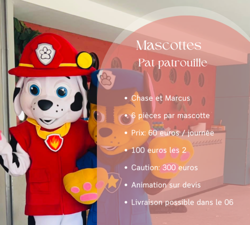 les mascottes de Pat' Patrouille dans une kermesse école maternelle disponibles à la location chez Kidazur. Parfait pour les fêtes d'anniversaire et événements sur la Côte d'Azur.